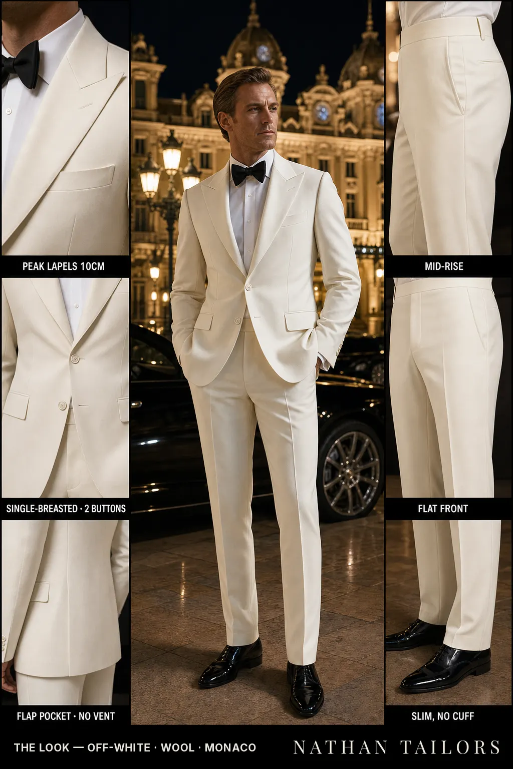 off-white single-breasted peak-lapel bespoke suit — AI-rendered by Nathan Tailors, the Hoi An custom tailor. Available as a custom tailored suit from $149.