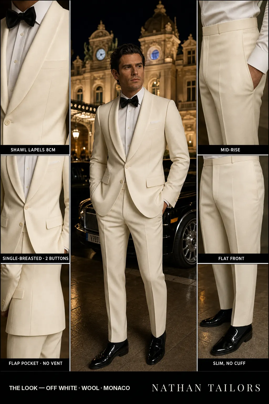 off white single-breasted shawl-lapel bespoke suit — AI-rendered by Nathan Tailors, the Hoi An custom tailor. Available as a custom tailored suit from $149.