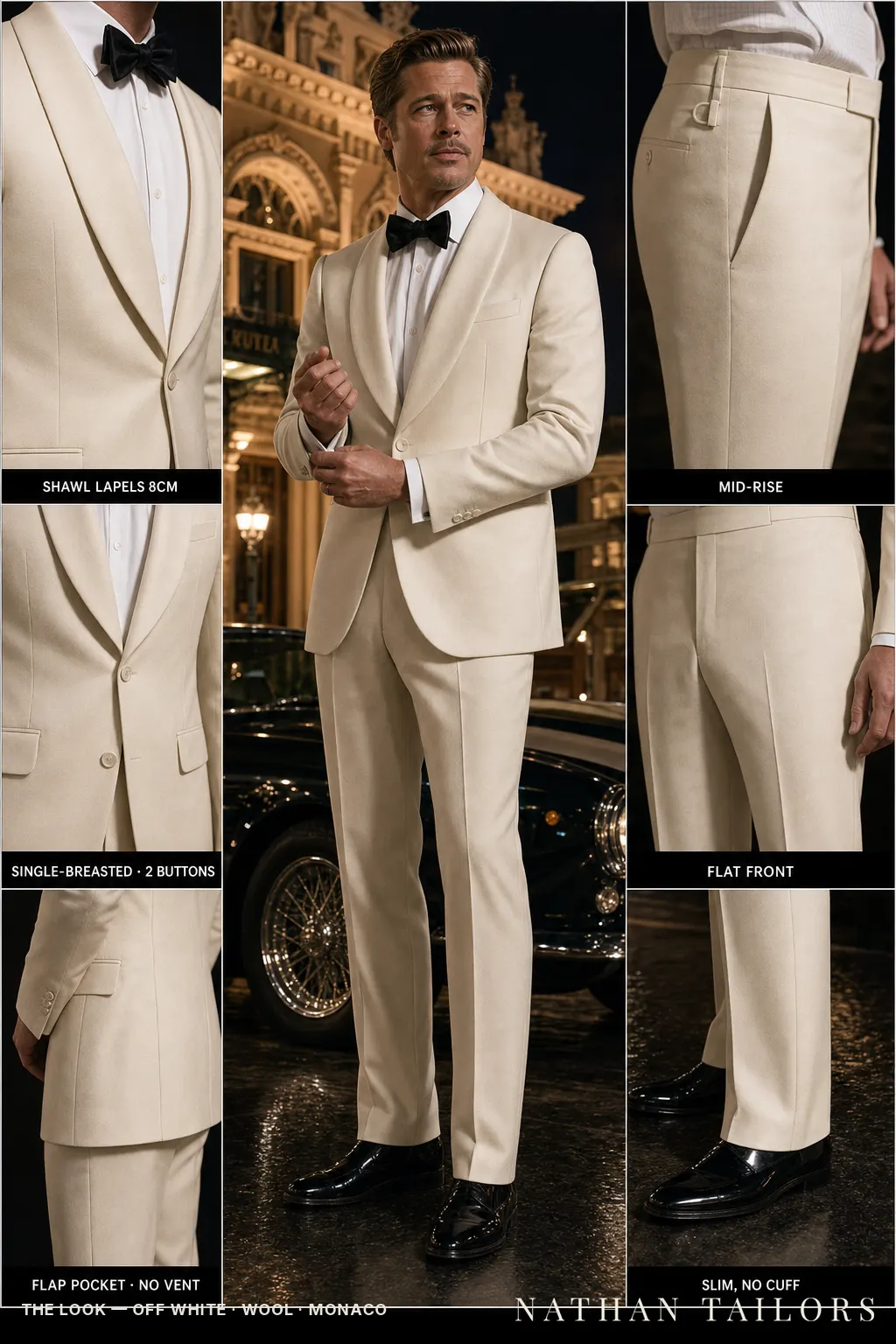 off white single-breasted shawl-lapel bespoke suit — AI-rendered by Nathan Tailors, the Hoi An custom tailor. Available as a custom tailored suit from $149.