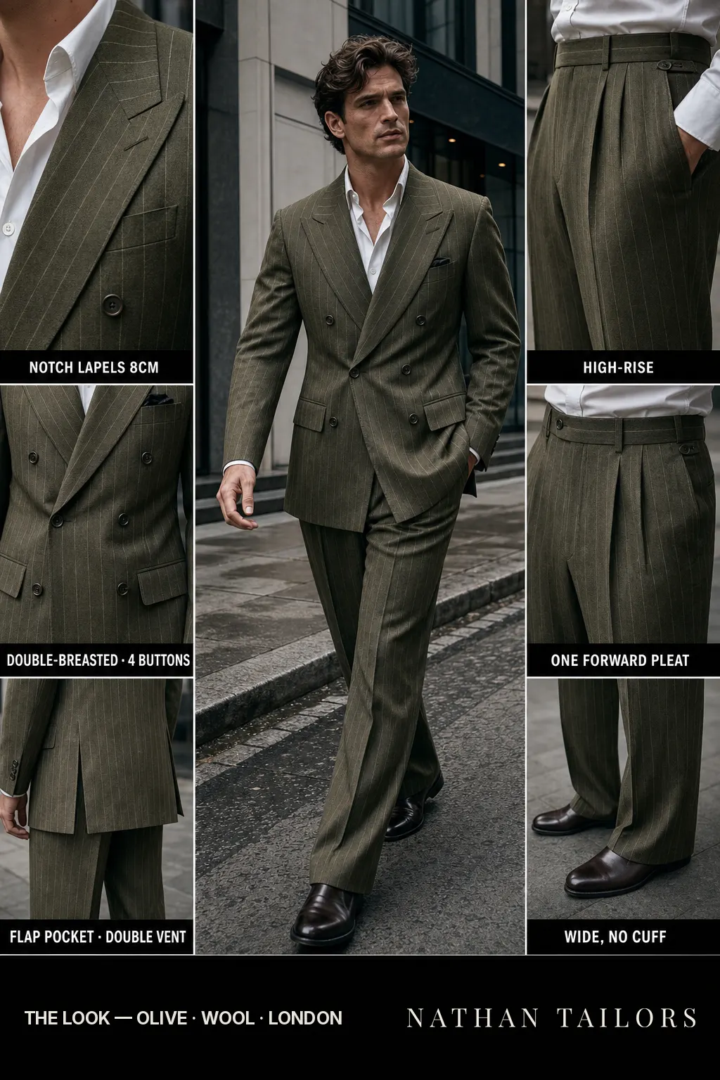 olive chalk stripe double-breasted notch-lapel bespoke suit — AI-rendered by Nathan Tailors, the Hoi An custom tailor. Available as a custom tailored suit from $149.