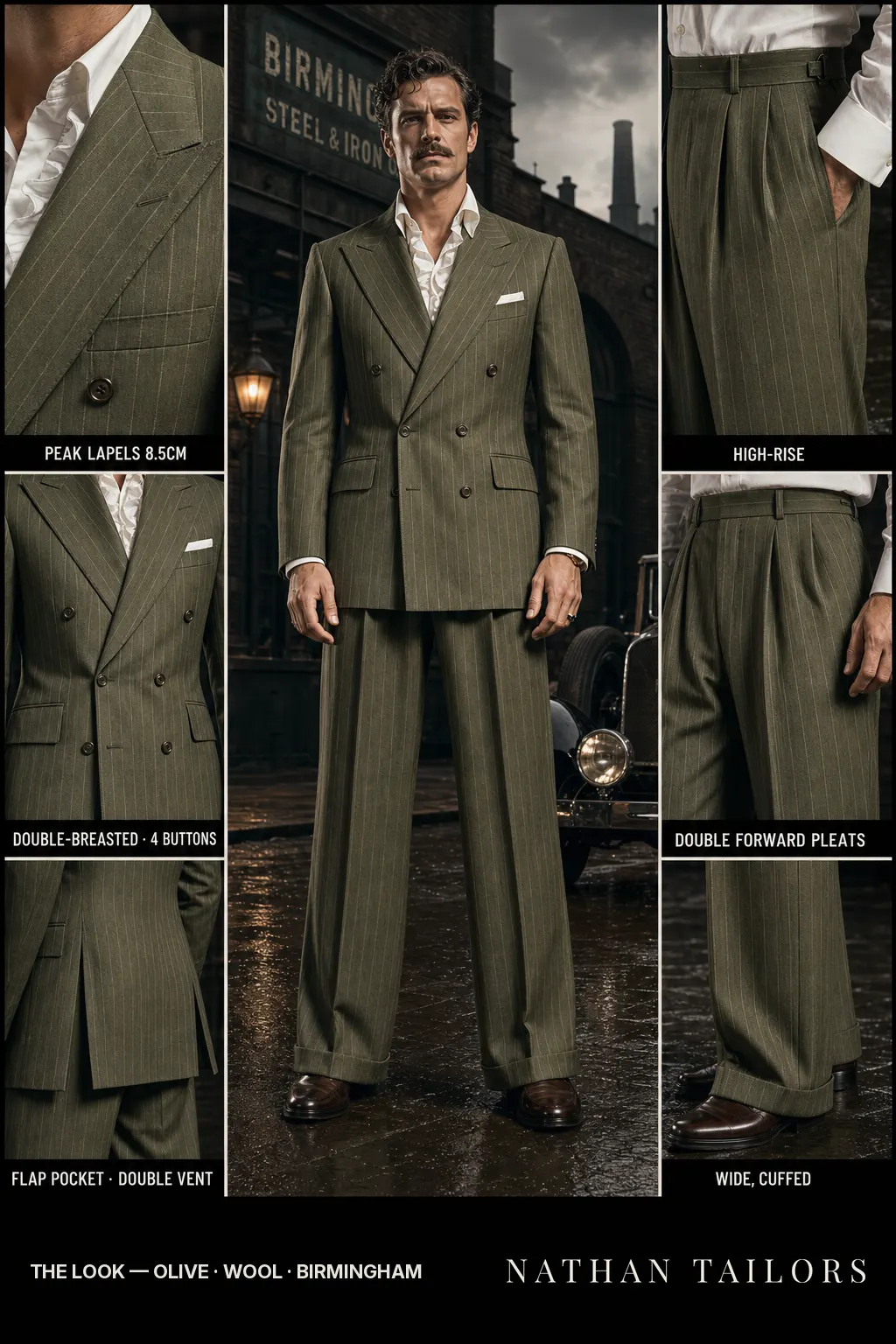 olive chalk stripe double-breasted peak-lapel bespoke suit โ AI-rendered by Nathan Tailors, the Hoi An custom tailor. Available as a custom tailored suit from $149.