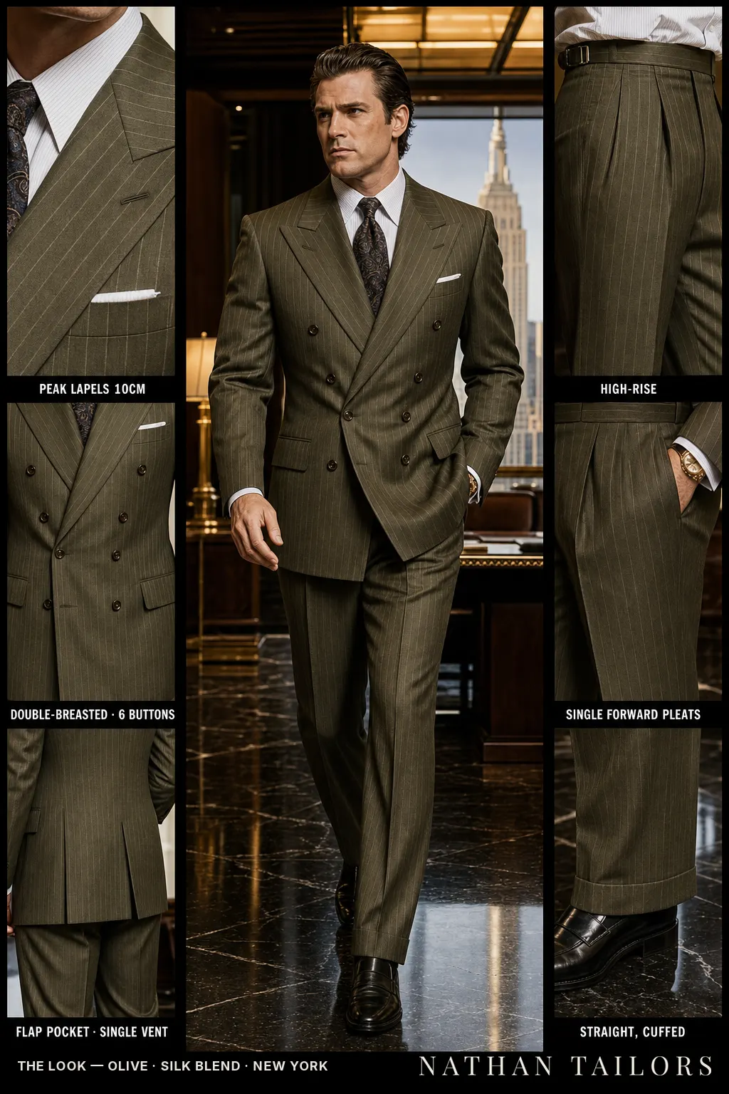 olive chalk stripe double-breasted peak-lapel bespoke suit โ AI-rendered by Nathan Tailors, the Hoi An custom tailor. Available as a custom tailored suit from $149.
