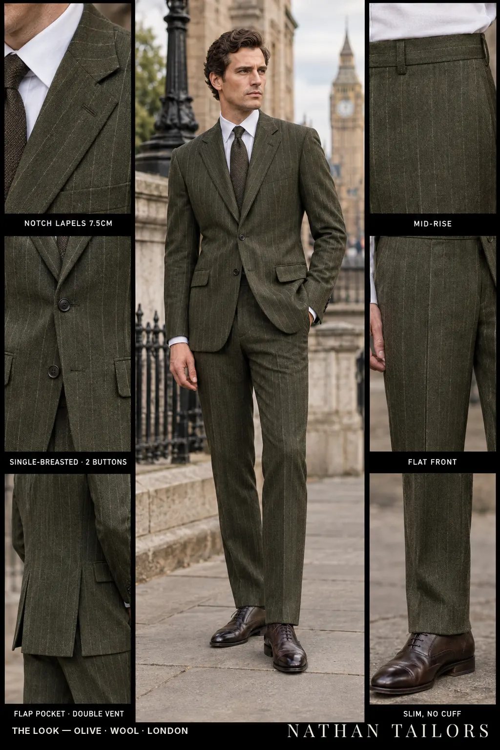 olive chalk_stripe single-breasted bespoke suit — custom tailored by Nathan Tailors, the Hoi An custom tailor