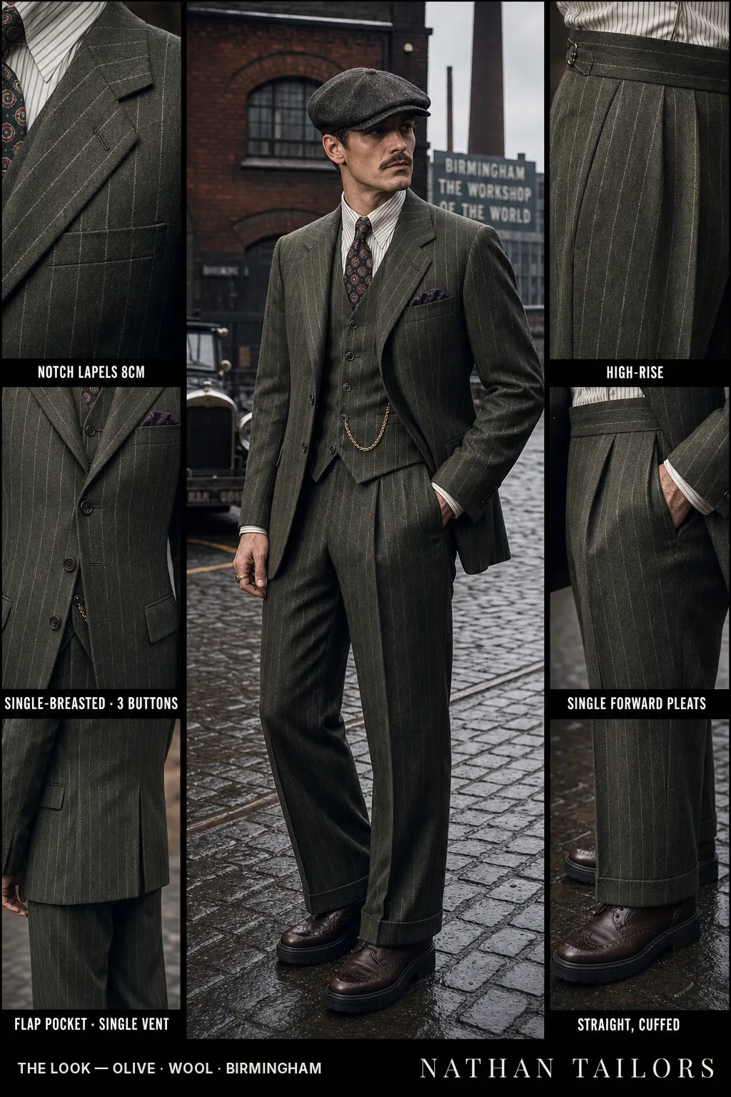 olive chalk stripe single-breasted notch-lapel bespoke suit — AI-rendered by Nathan Tailors, the Hoi An custom tailor. Available as a custom tailored suit from $149.