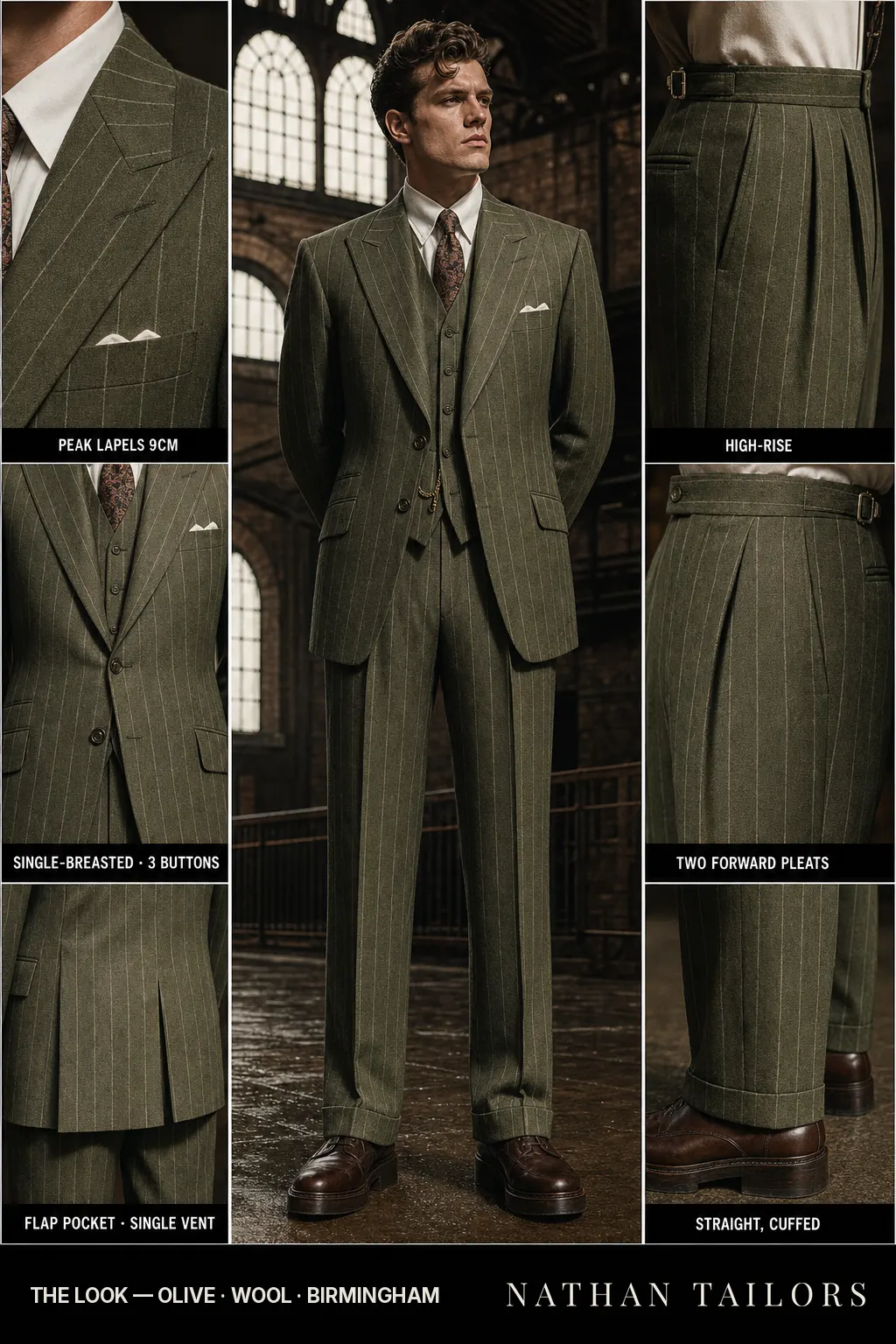 olive chalk stripe single-breasted peak-lapel bespoke suit — AI-rendered by Nathan Tailors, the Hoi An custom tailor. Available as a custom tailored suit from $149.