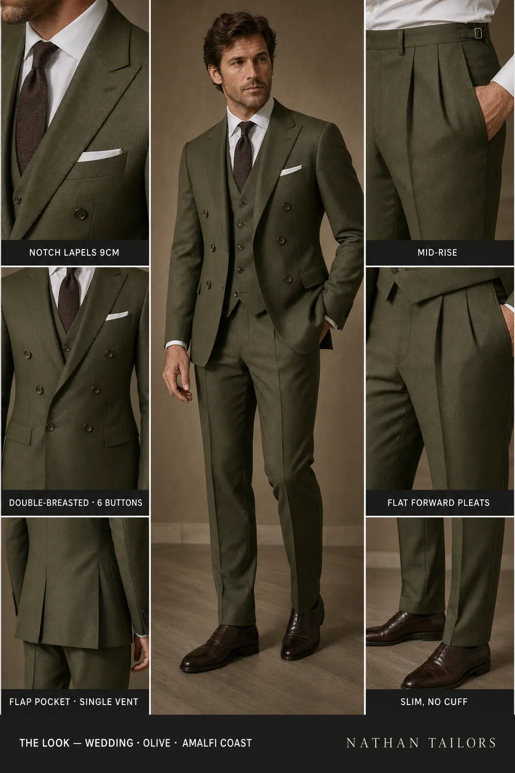 olive double-breasted notch-lapel bespoke suit — AI-rendered by Nathan Tailors, the Hoi An custom tailor. Available as a custom tailored suit from $149.