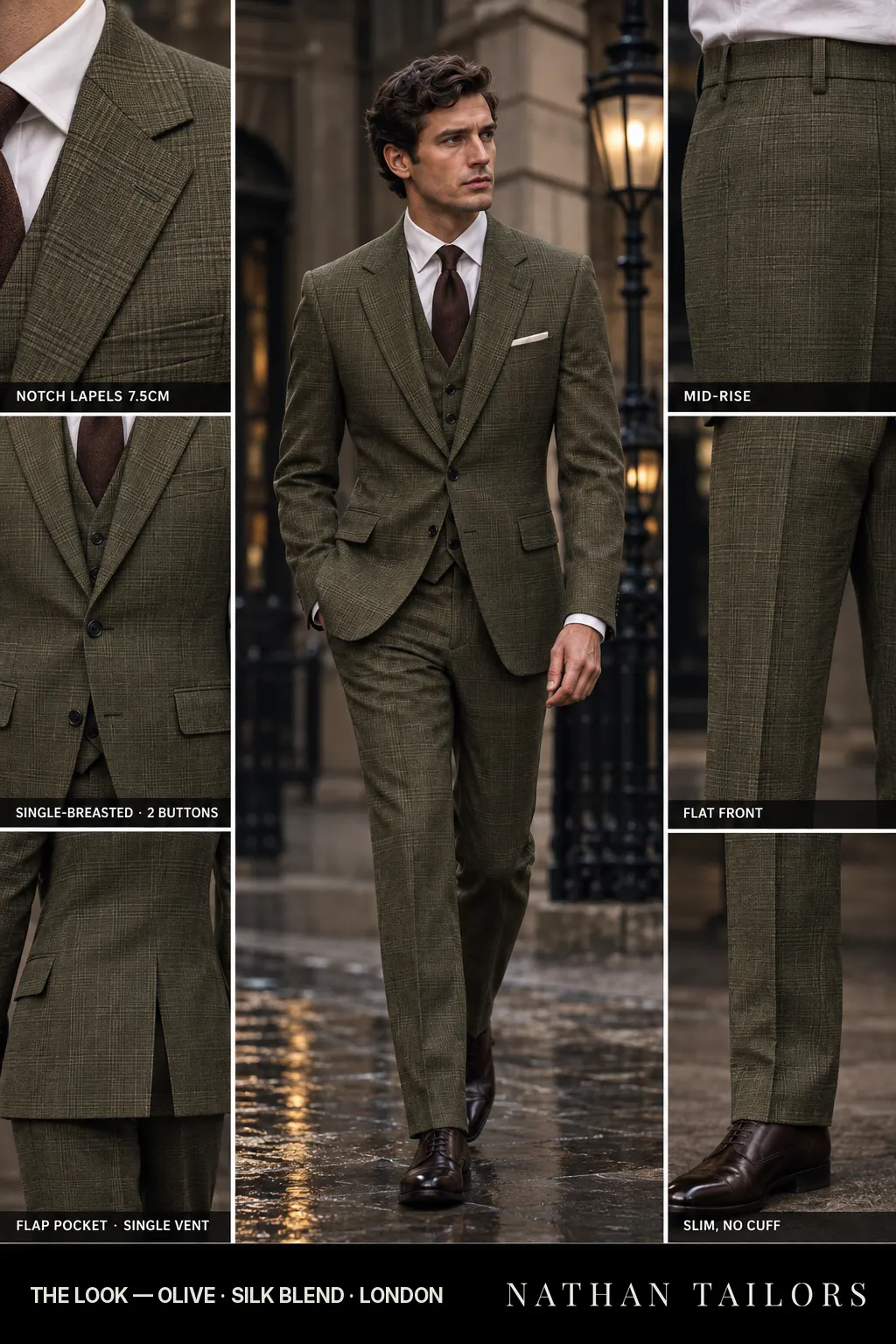 olive glen plaid single-breasted notch-lapel bespoke suit — AI-rendered by Nathan Tailors, the Hoi An custom tailor. Available as a custom tailored suit from $149.