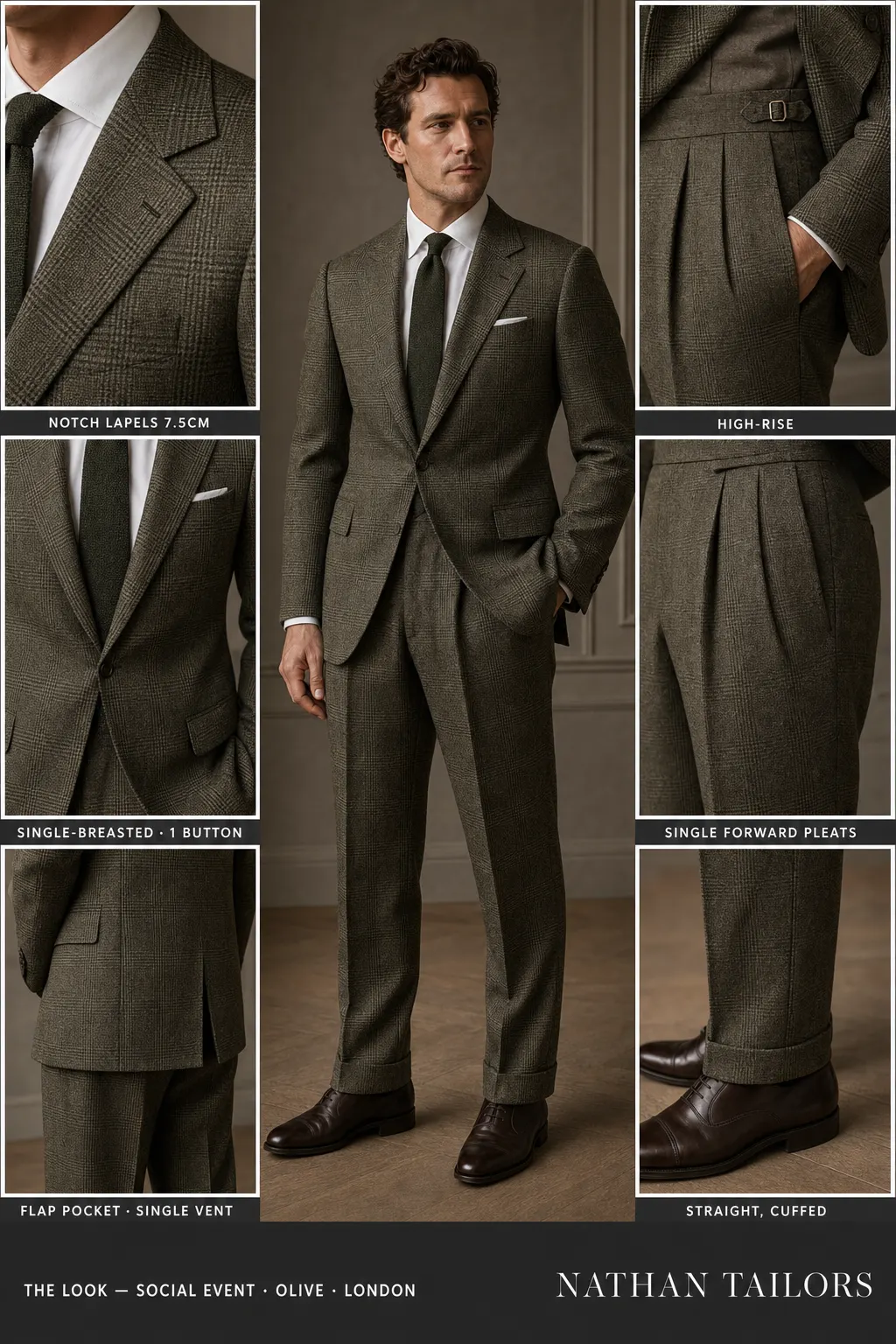 olive glen plaid single-breasted notch-lapel bespoke suit โ AI-rendered by Nathan Tailors, the Hoi An custom tailor. Available as a custom tailored suit from $149.