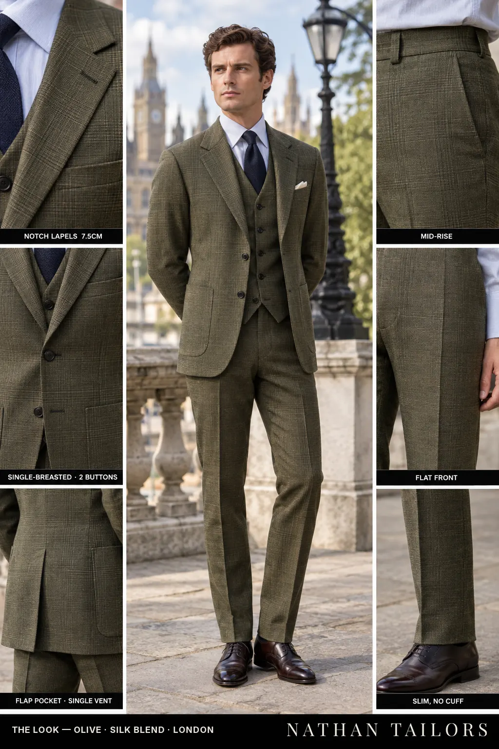 olive glen plaid single-breasted notch-lapel bespoke suit โ AI-rendered by Nathan Tailors, the Hoi An custom tailor. Available as a custom tailored suit from $149.