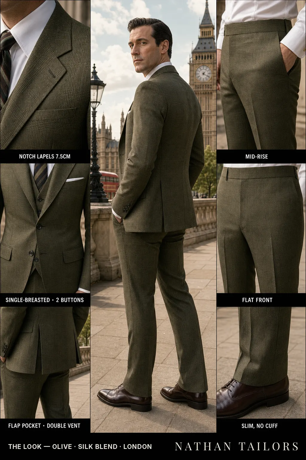 olive glen plaid single-breasted notch-lapel bespoke suit โ AI-rendered by Nathan Tailors, the Hoi An custom tailor. Available as a custom tailored suit from $149.