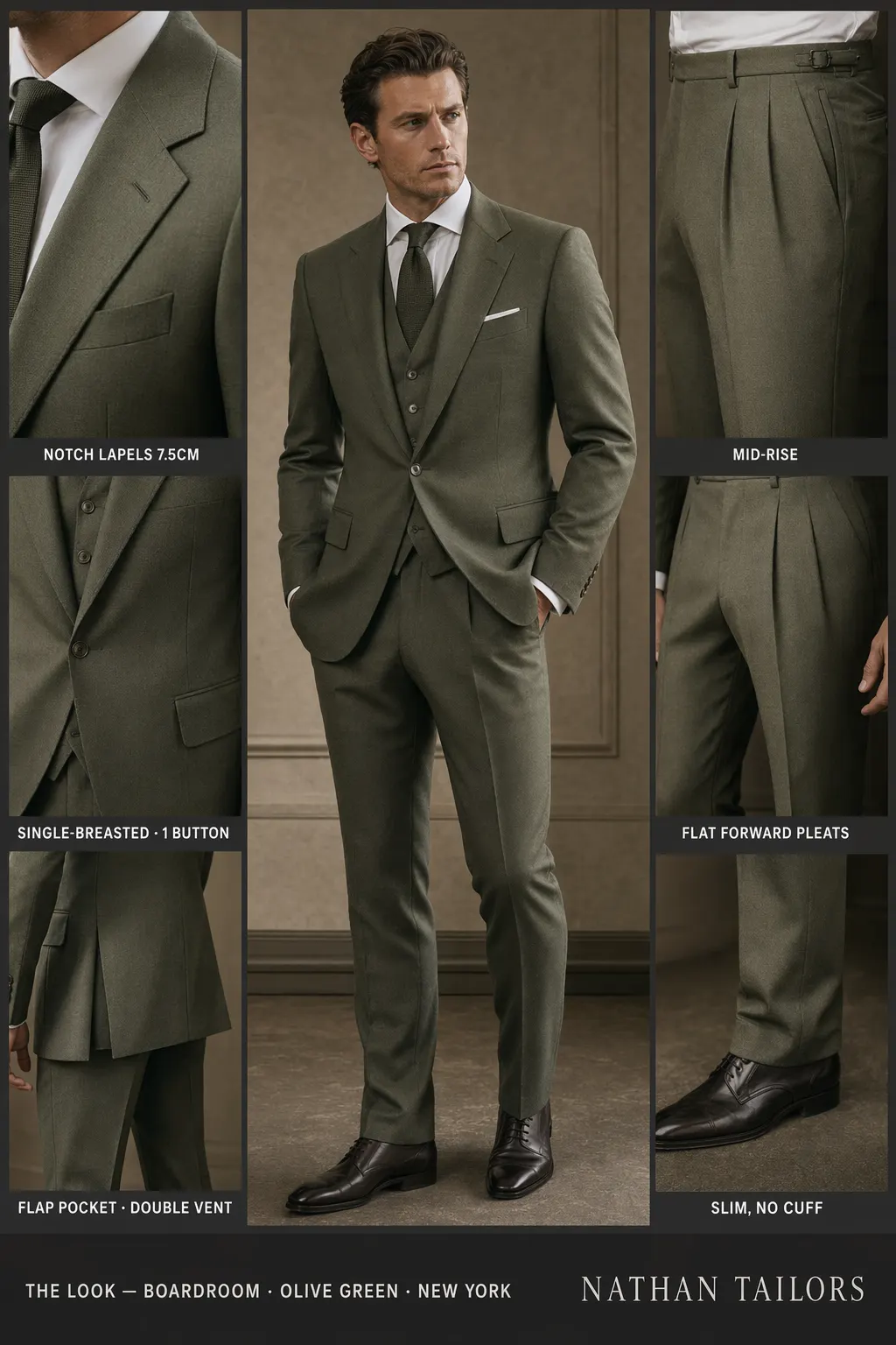 olive green single-breasted notch-lapel bespoke suit — AI-rendered by Nathan Tailors, the Hoi An custom tailor. Available as a custom tailored suit from $169.