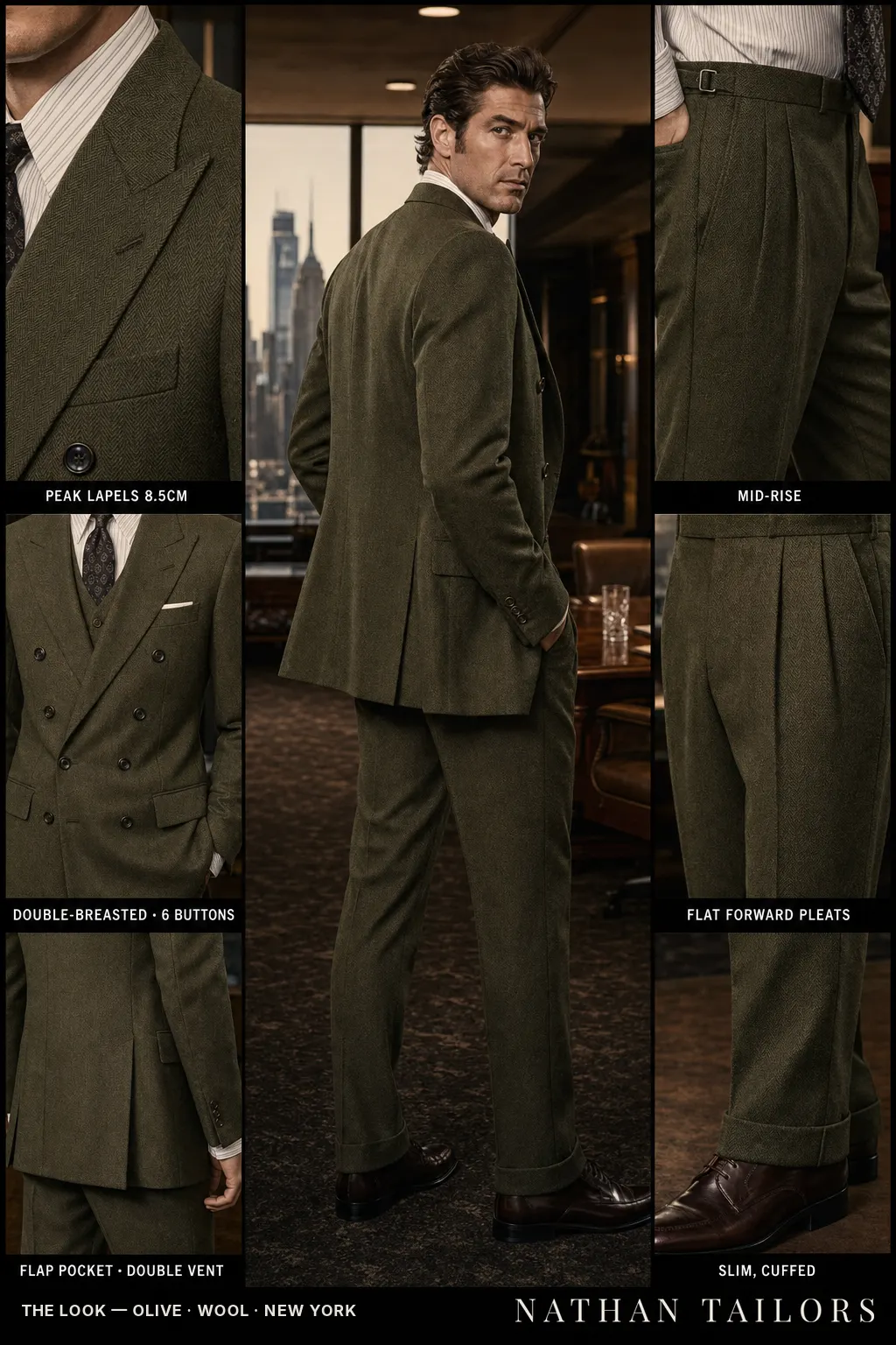 olive herringbone double-breasted peak-lapel bespoke suit — AI-rendered by Nathan Tailors, the Hoi An custom tailor. Available as a custom tailored suit from $149.
