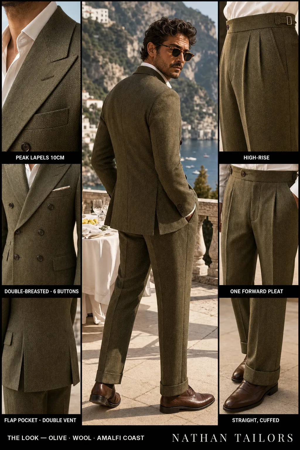 olive herringbone double-breasted peak-lapel bespoke suit — AI-rendered by Nathan Tailors, the Hoi An custom tailor. Available as a custom tailored suit from $149.