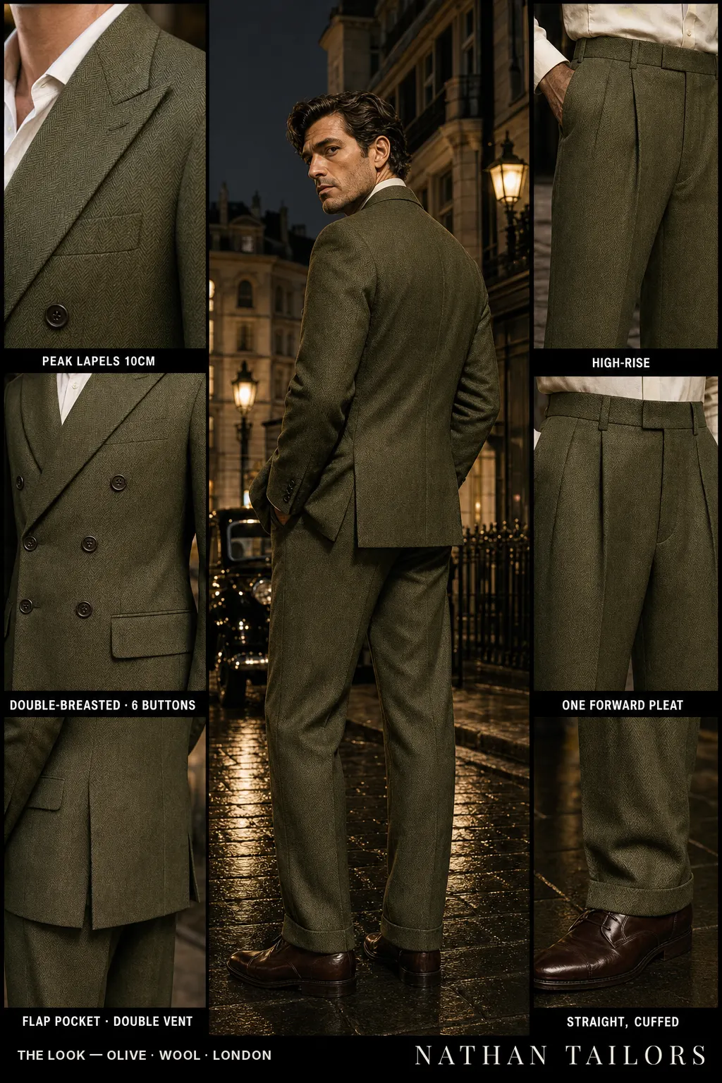 olive herringbone double-breasted peak-lapel bespoke suit — AI-rendered by Nathan Tailors, the Hoi An custom tailor. Available as a custom tailored suit from $149.