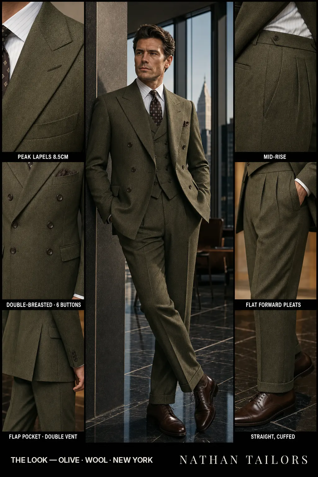 olive herringbone double-breasted peak-lapel bespoke suit โ AI-rendered by Nathan Tailors, the Hoi An custom tailor. Available as a custom tailored suit from $149.