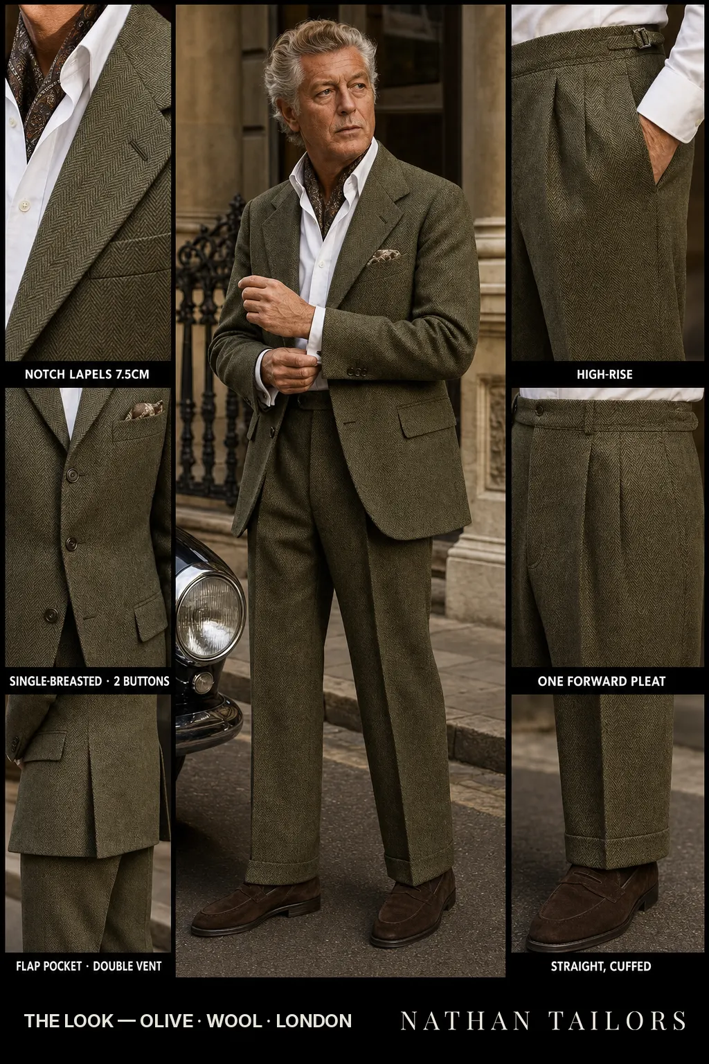 olive herringbone single-breasted notch-lapel bespoke suit โ AI-rendered by Nathan Tailors, the Hoi An custom tailor. Available as a custom tailored suit from $149.