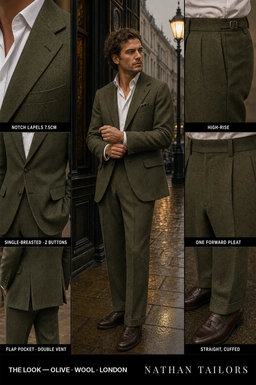 olive herringbone single-breasted notch-lapel bespoke suit โ AI-rendered by Nathan Tailors, the Hoi An custom tailor. Available as a custom tailored suit from $149.