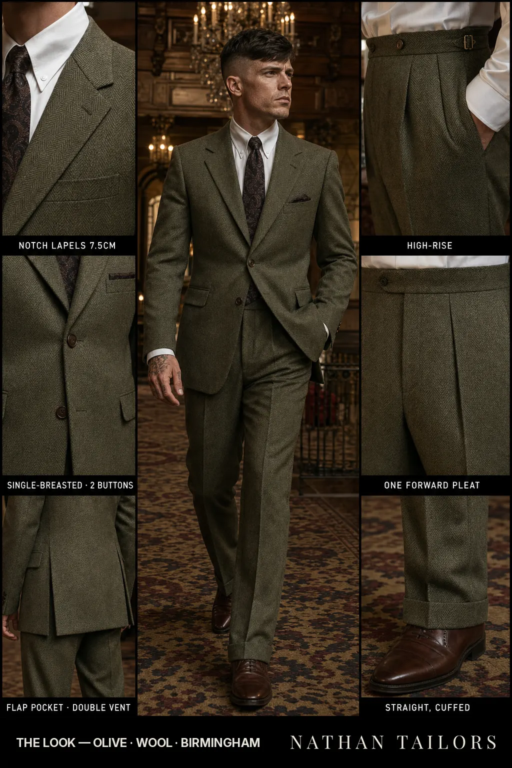 olive herringbone single-breasted notch-lapel bespoke suit โ AI-rendered by Nathan Tailors, the Hoi An custom tailor. Available as a custom tailored suit from $149.