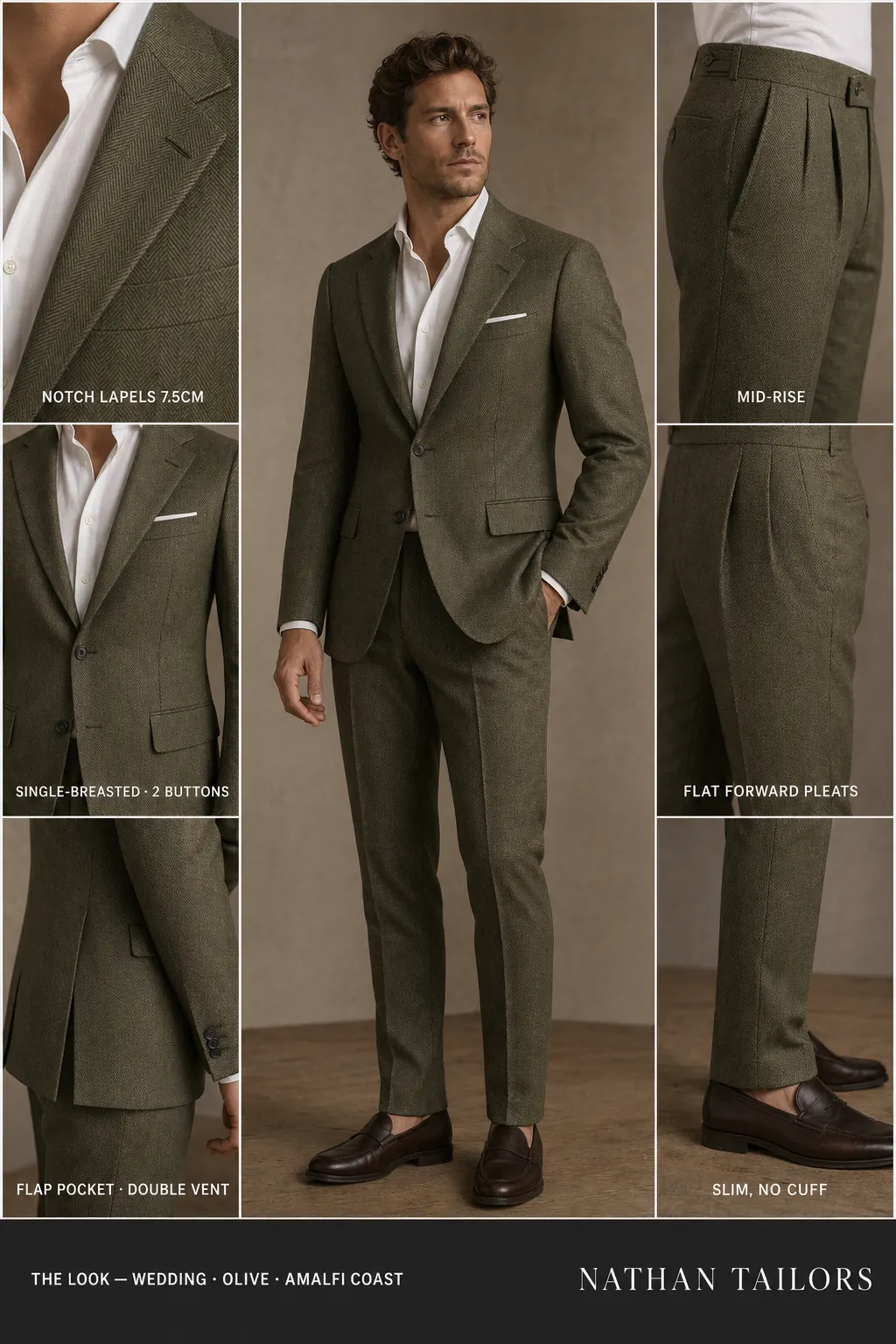 olive herringbone single-breasted notch-lapel bespoke suit — AI-rendered by Nathan Tailors, the Hoi An custom tailor. Available as a custom tailored suit from $149.