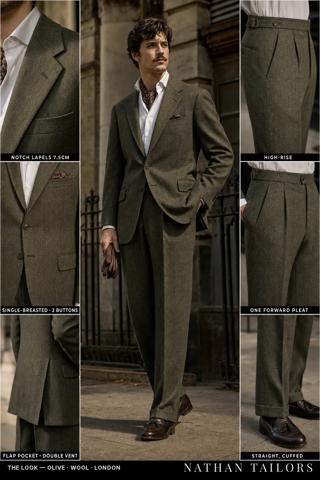 olive herringbone single-breasted notch-lapel bespoke suit — AI-rendered by Nathan Tailors, the Hoi An custom tailor. Available as a custom tailored suit from $149.