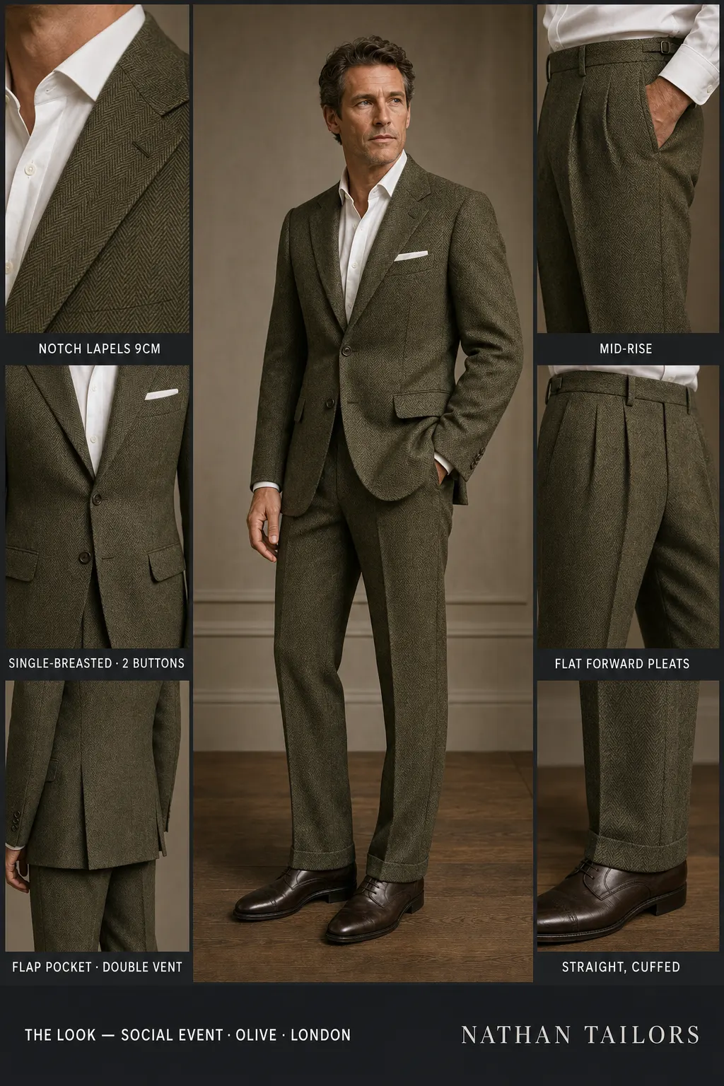 olive herringbone single-breasted notch-lapel bespoke suit โ AI-rendered by Nathan Tailors, the Hoi An custom tailor. Available as a custom tailored suit from $149.