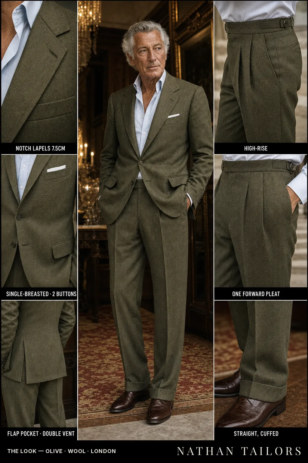 olive herringbone single-breasted notch-lapel bespoke suit — AI-rendered by Nathan Tailors, the Hoi An custom tailor. Available as a custom tailored suit from $149.