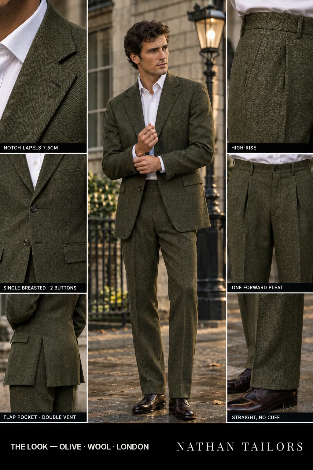olive herringbone single-breasted notch-lapel bespoke suit โ AI-rendered by Nathan Tailors, the Hoi An custom tailor. Available as a custom tailored suit from $149.