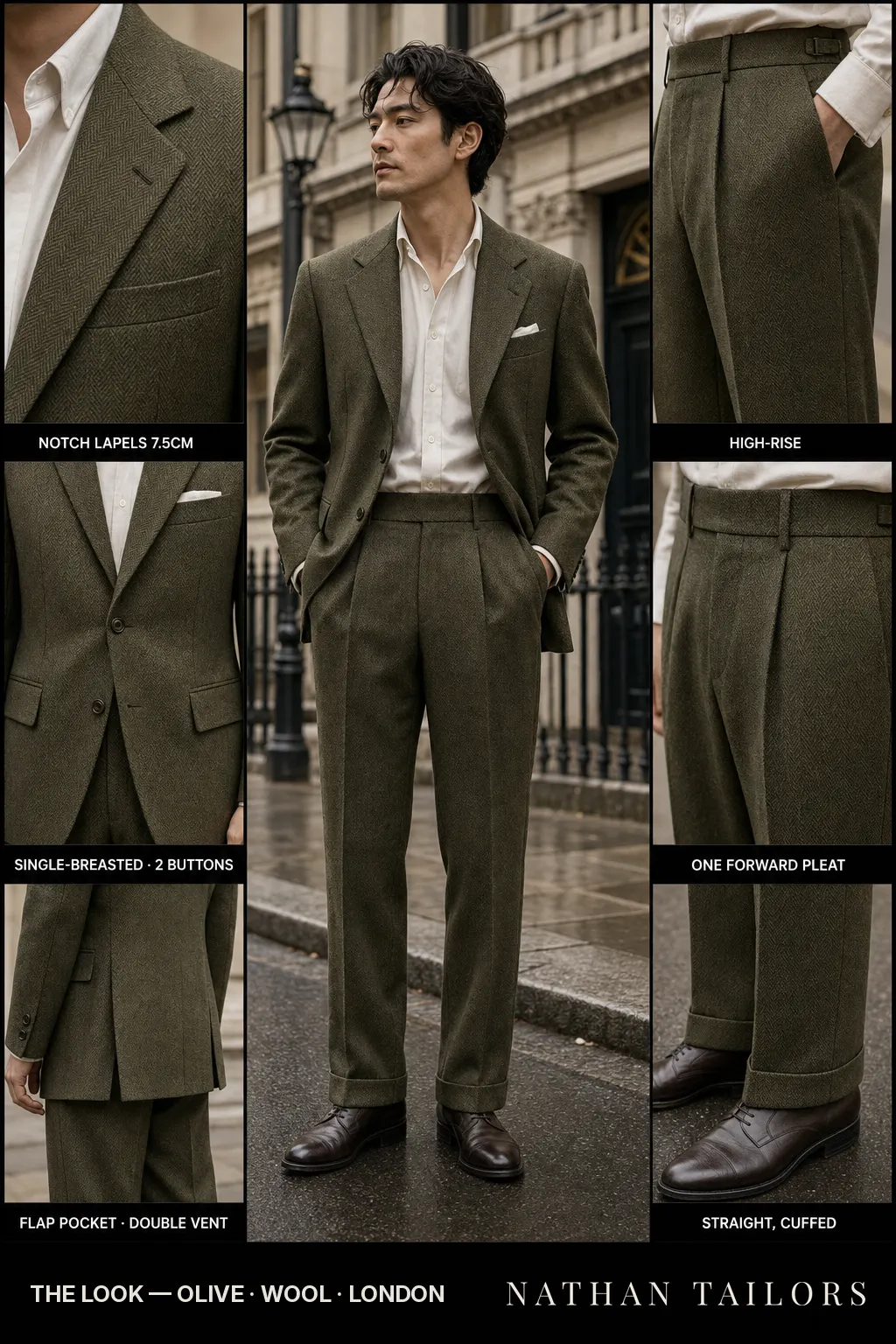 olive herringbone single-breasted notch-lapel bespoke suit — AI-rendered by Nathan Tailors, the Hoi An custom tailor. Available as a custom tailored suit from $149.