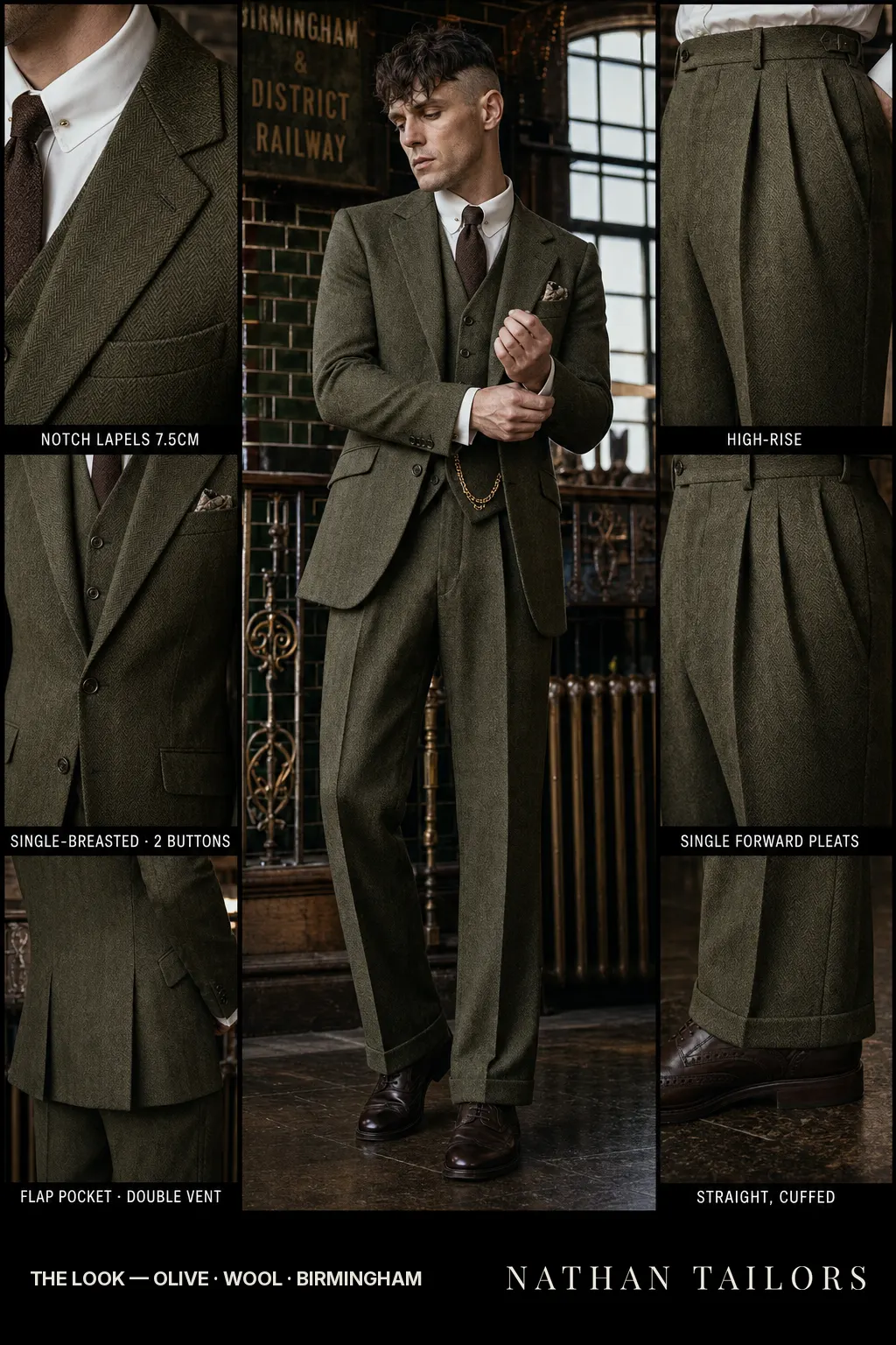 olive herringbone single-breasted notch-lapel bespoke suit — AI-rendered by Nathan Tailors, the Hoi An custom tailor. Available as a custom tailored suit from $149.