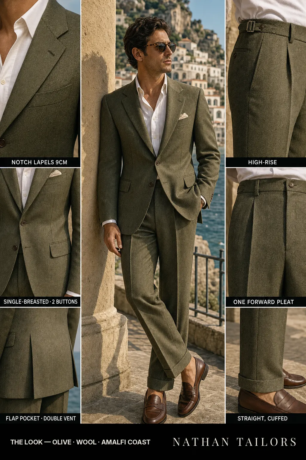 olive herringbone single-breasted notch-lapel bespoke suit — AI-rendered by Nathan Tailors, the Hoi An custom tailor. Available as a custom tailored suit from $149.
