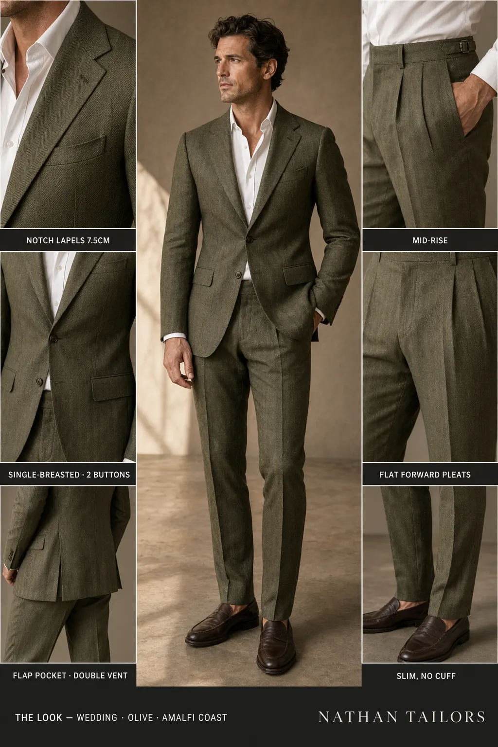 olive herringbone single-breasted notch-lapel bespoke suit — AI-rendered by Nathan Tailors, the Hoi An custom tailor. Available as a custom tailored suit from $149.