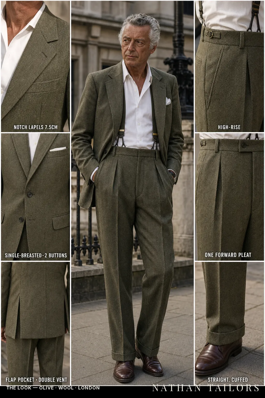 olive herringbone single-breasted notch-lapel bespoke suit — AI-rendered by Nathan Tailors, the Hoi An custom tailor. Available as a custom tailored suit from $149.