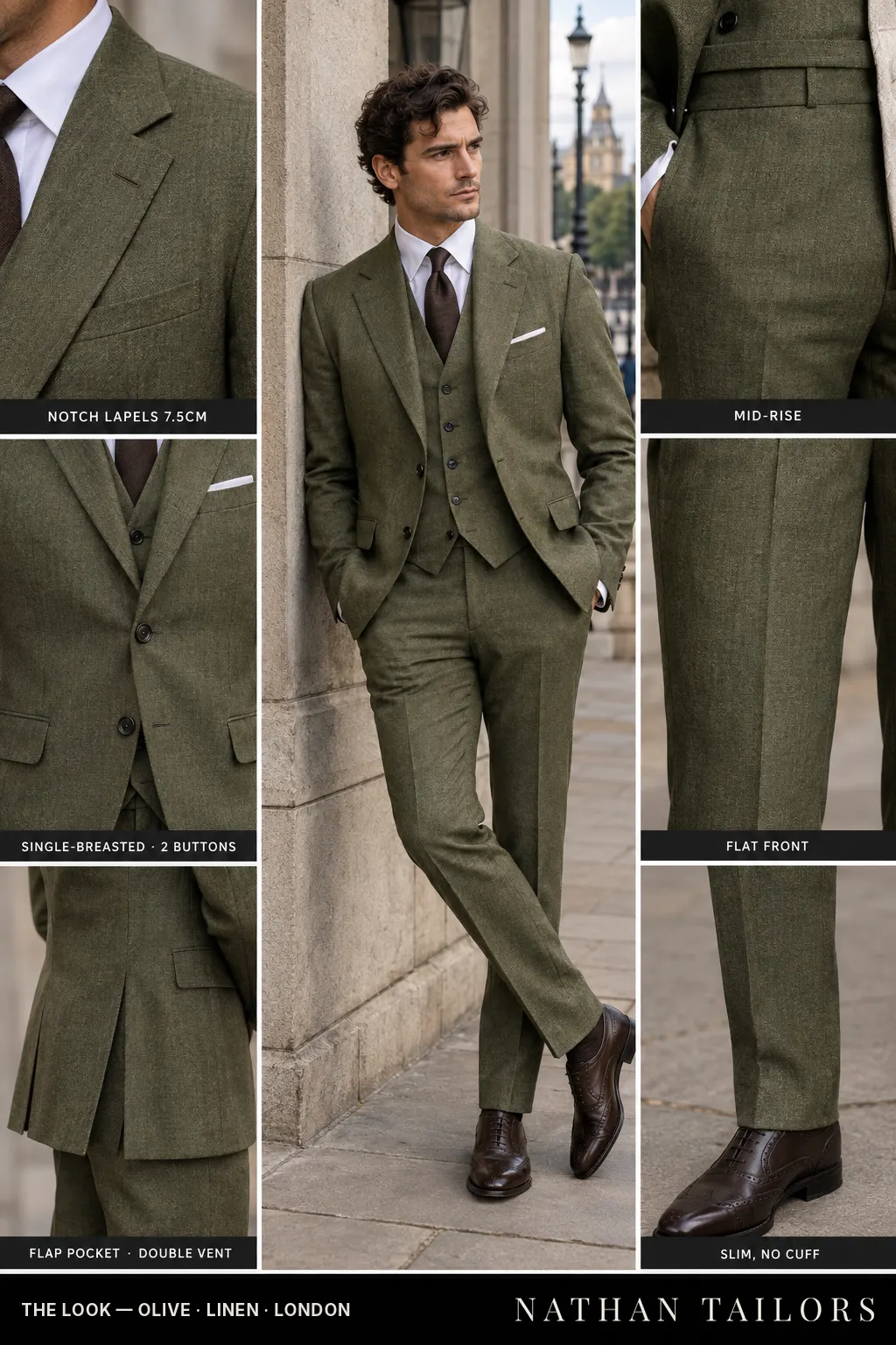 olive herringbone single-breasted bespoke suit โ custom tailored by Nathan Tailors, the Hoi An custom tailor