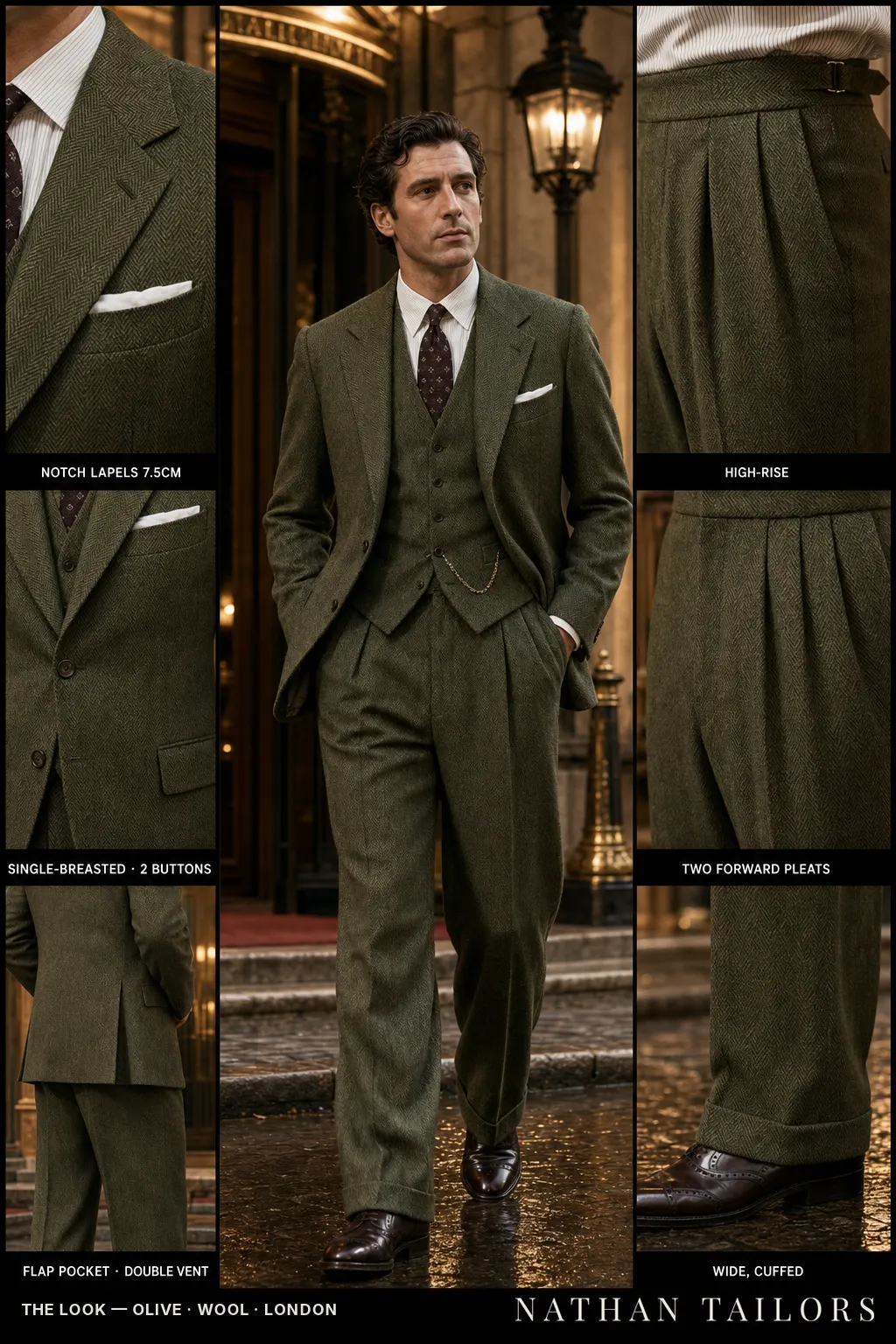 olive herringbone single-breasted bespoke suit — custom tailored by Nathan Tailors, the Hoi An custom tailor
