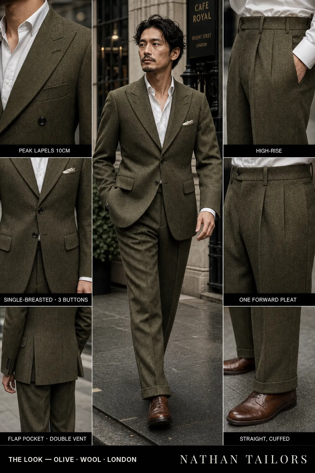 olive herringbone single-breasted peak-lapel bespoke suit — AI-rendered by Nathan Tailors, the Hoi An custom tailor. Available as a custom tailored suit from $149.