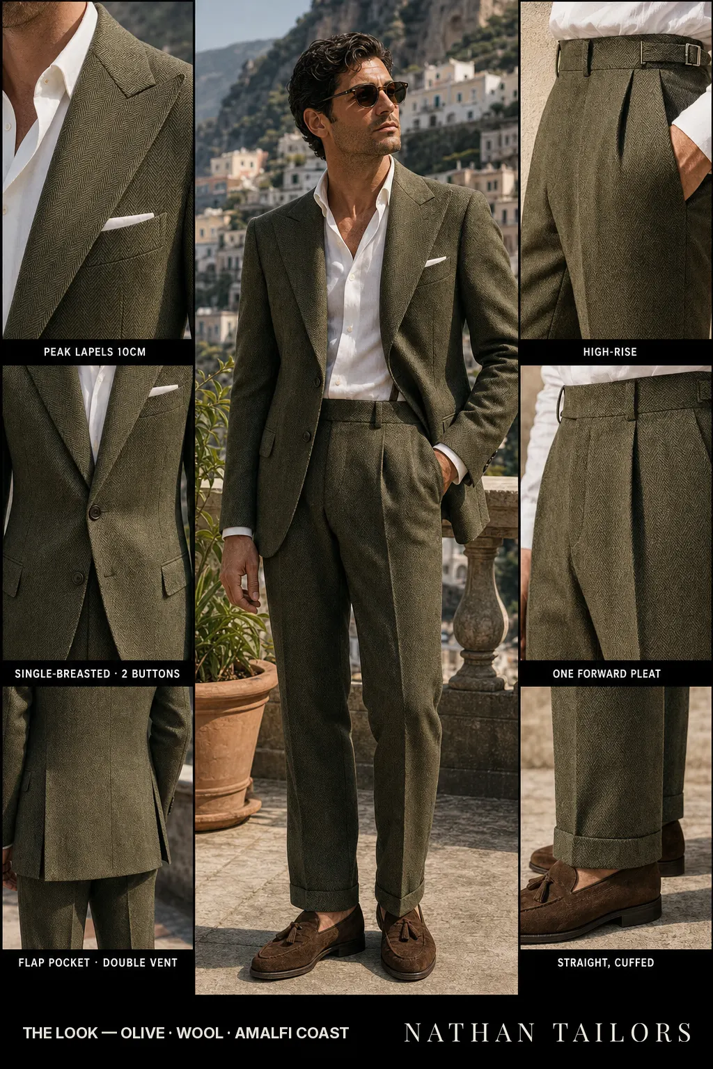 olive herringbone single-breasted peak-lapel bespoke suit — AI-rendered by Nathan Tailors, the Hoi An custom tailor. Available as a custom tailored suit from $149.