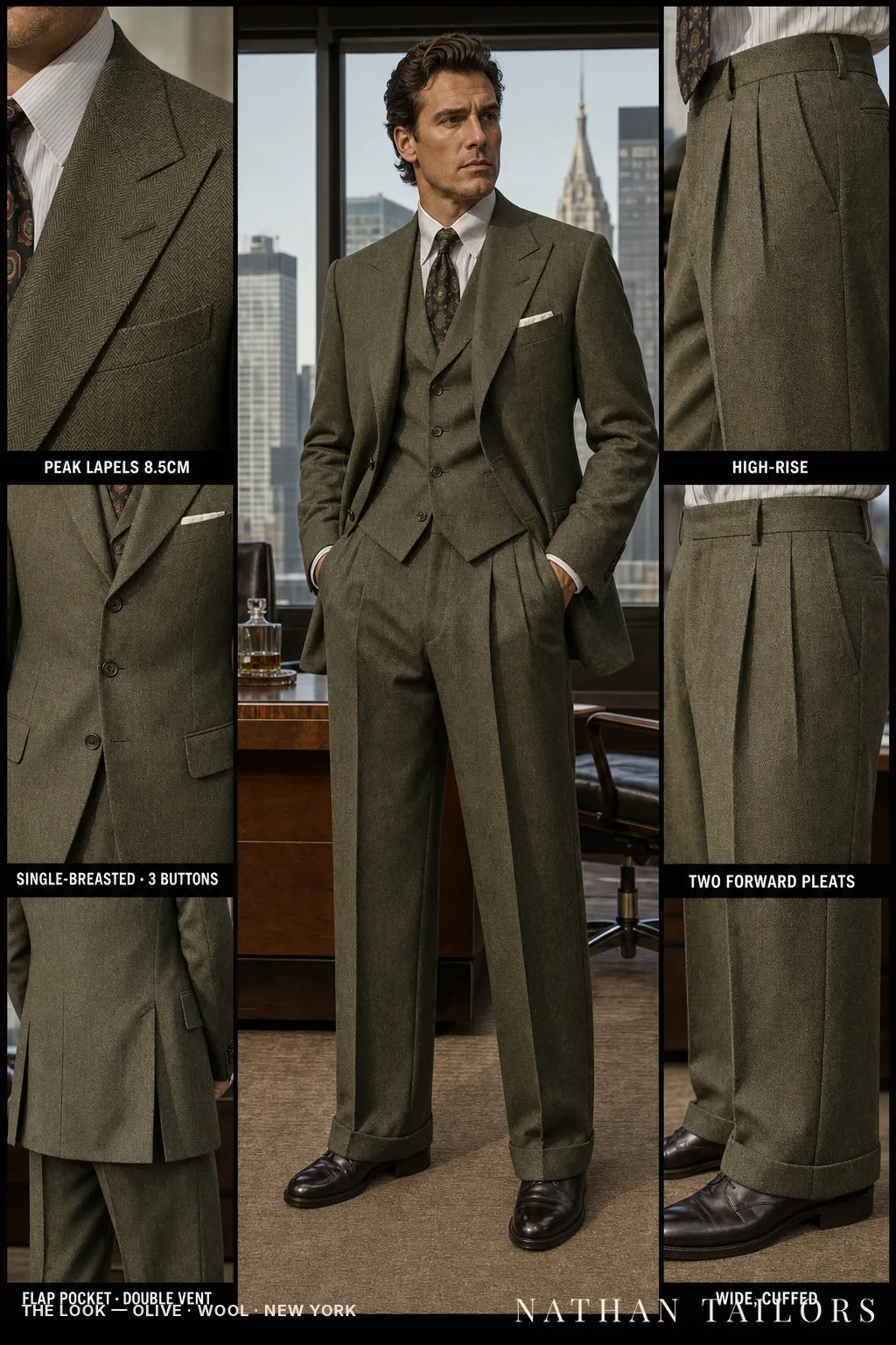 olive herringbone single-breasted peak-lapel bespoke suit — AI-rendered by Nathan Tailors, the Hoi An custom tailor. Available as a custom tailored suit from $149.
