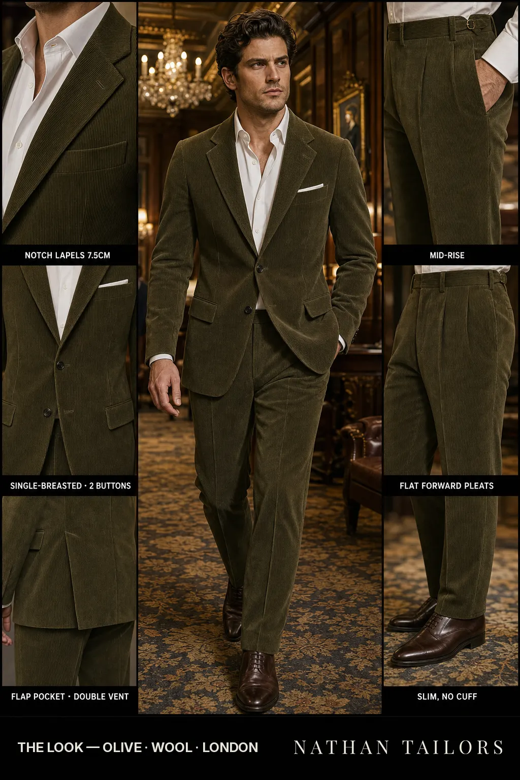 olive single-breasted notch-lapel bespoke suit — AI-rendered by Nathan Tailors, the Hoi An custom tailor. Available as a custom tailored suit from $149.