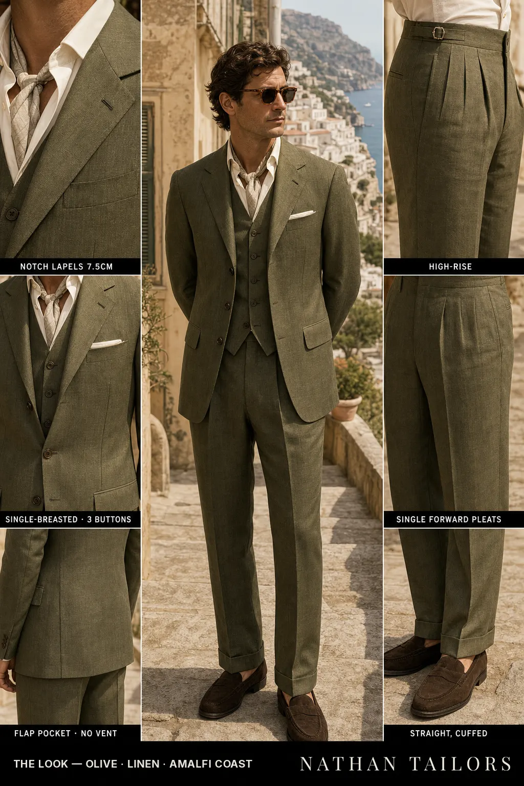 olive single-breasted notch-lapel bespoke suit — AI-rendered by Nathan Tailors, the Hoi An custom tailor. Available as a custom tailored suit from $149.