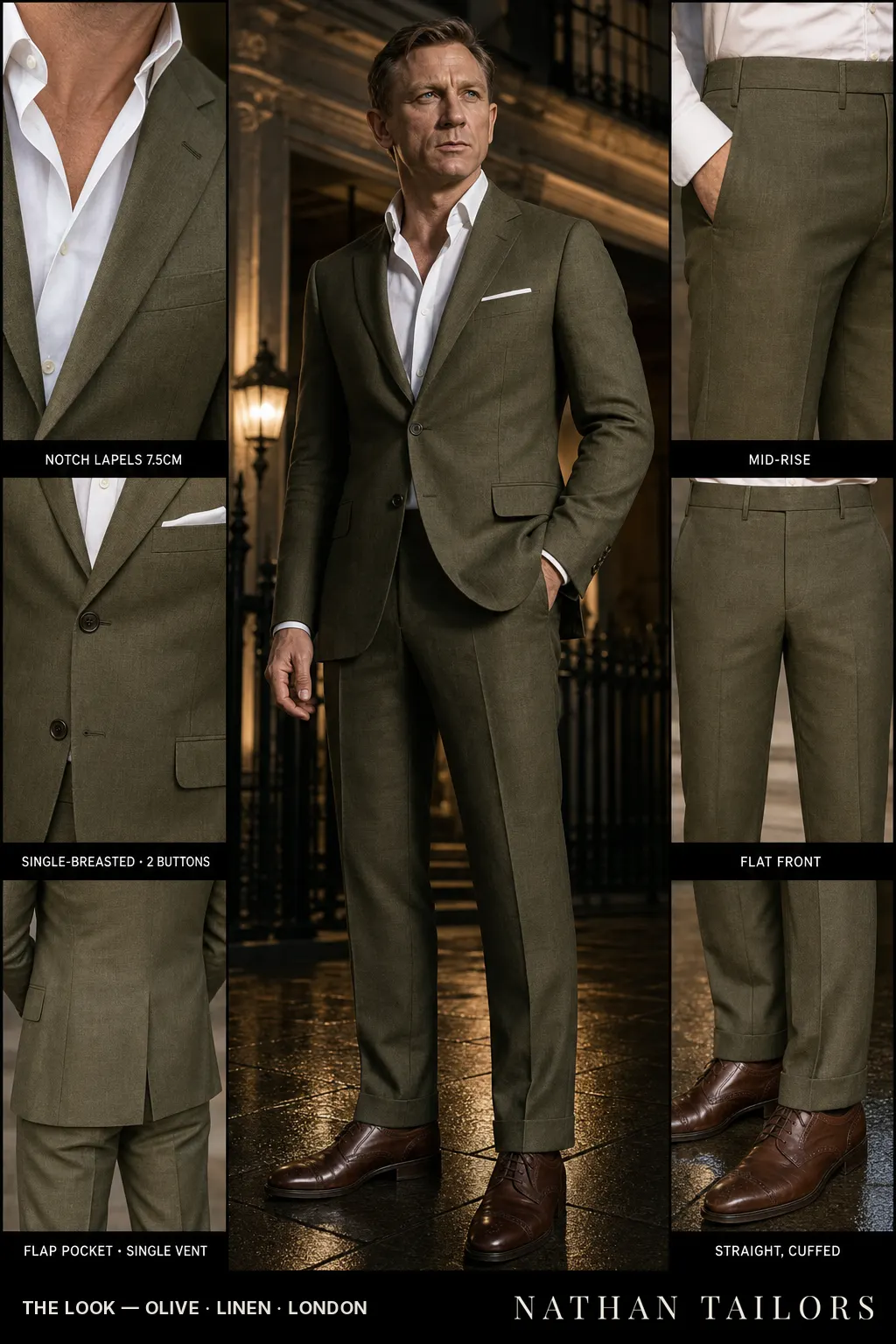 olive single-breasted notch-lapel bespoke suit — AI-rendered by Nathan Tailors, the Hoi An custom tailor. Available as a custom tailored suit from $149.