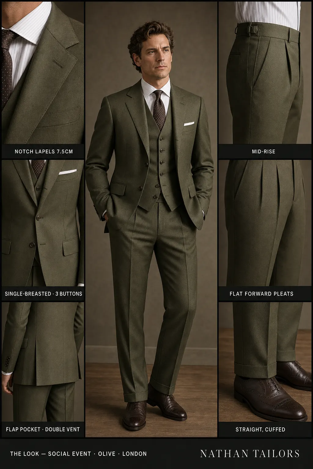 olive single-breasted notch-lapel bespoke suit — AI-rendered by Nathan Tailors, the Hoi An custom tailor. Available as a custom tailored suit from $149.