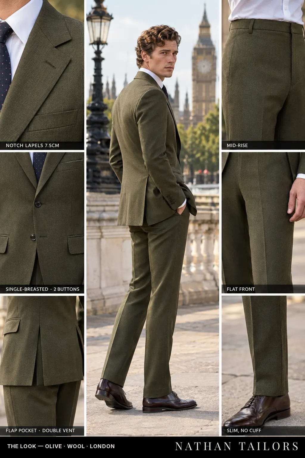 olive single-breasted bespoke suit — custom tailored by Nathan Tailors, the Hoi An custom tailor