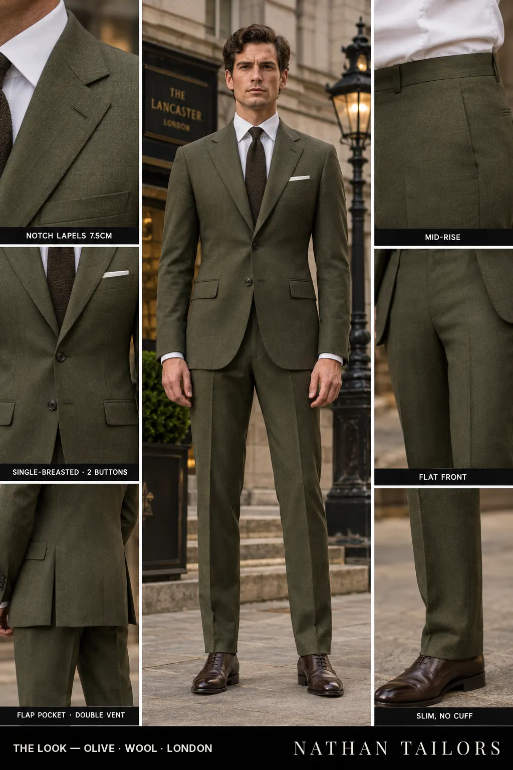 olive single-breasted bespoke suit — custom tailored by Nathan Tailors, the Hoi An custom tailor