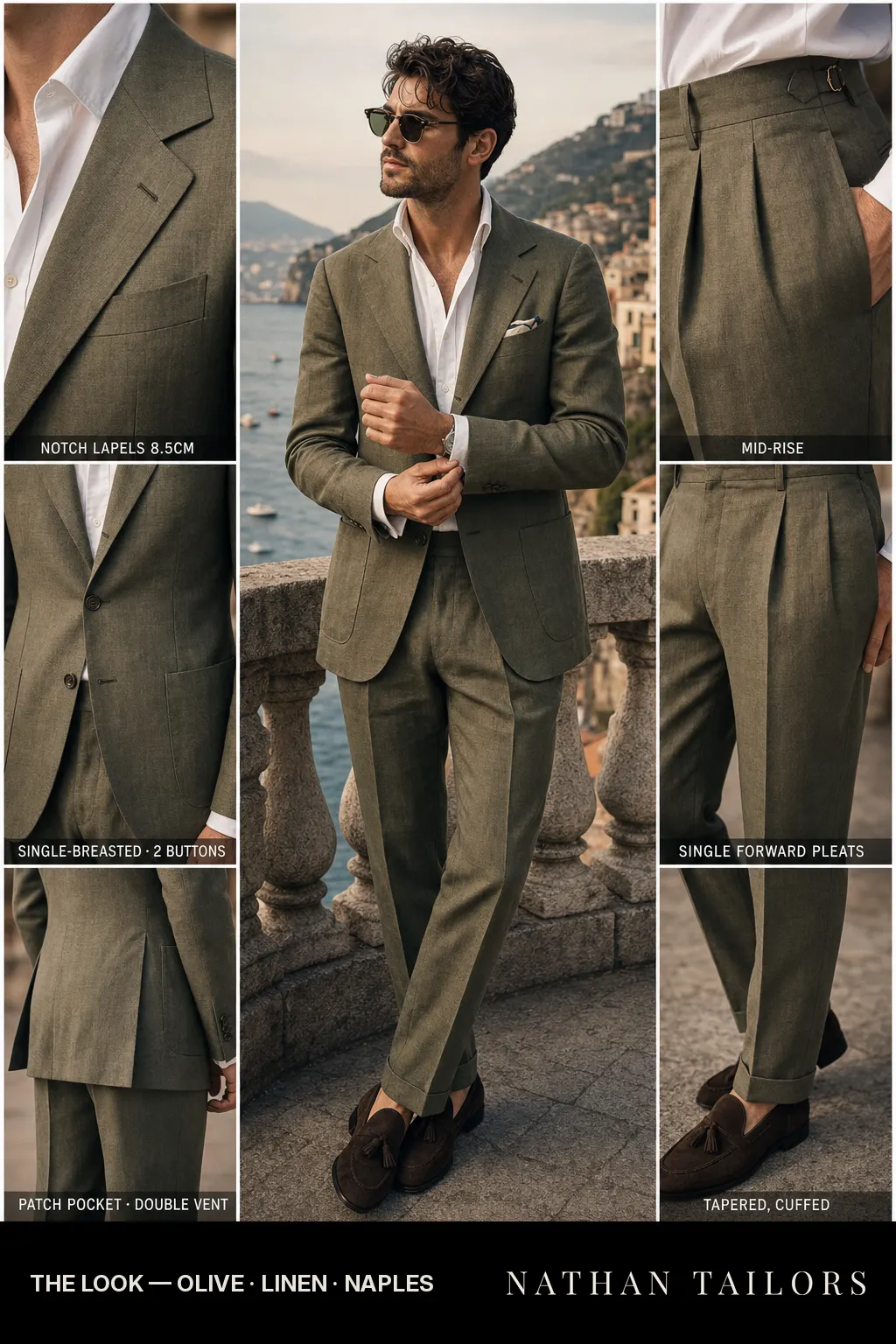 olive single-breasted notch-lapel bespoke suit — AI-rendered by Nathan Tailors, the Hoi An custom tailor. Available as a custom tailored suit from $149.