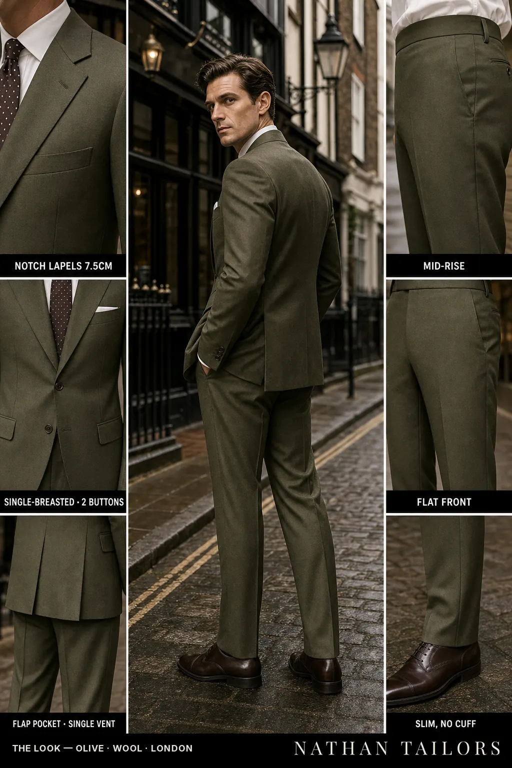 olive single-breasted notch-lapel bespoke suit — AI-rendered by Nathan Tailors, the Hoi An custom tailor. Available as a custom tailored suit from $149.