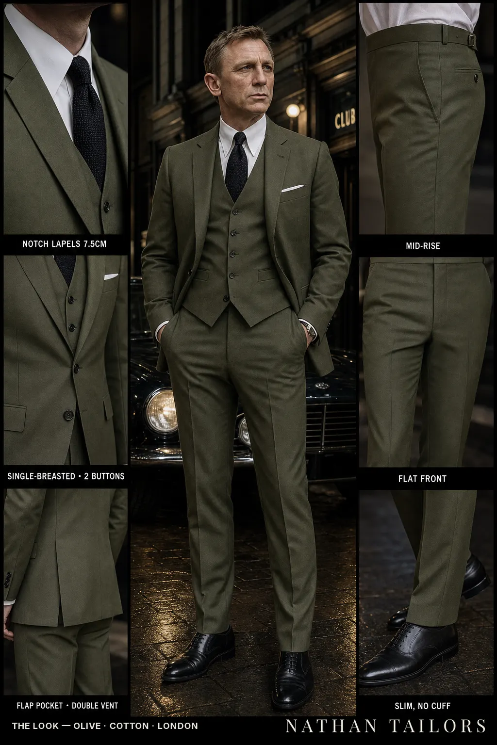 olive single-breasted notch-lapel bespoke suit โ AI-rendered by Nathan Tailors, the Hoi An custom tailor. Available as a custom tailored suit from $149.