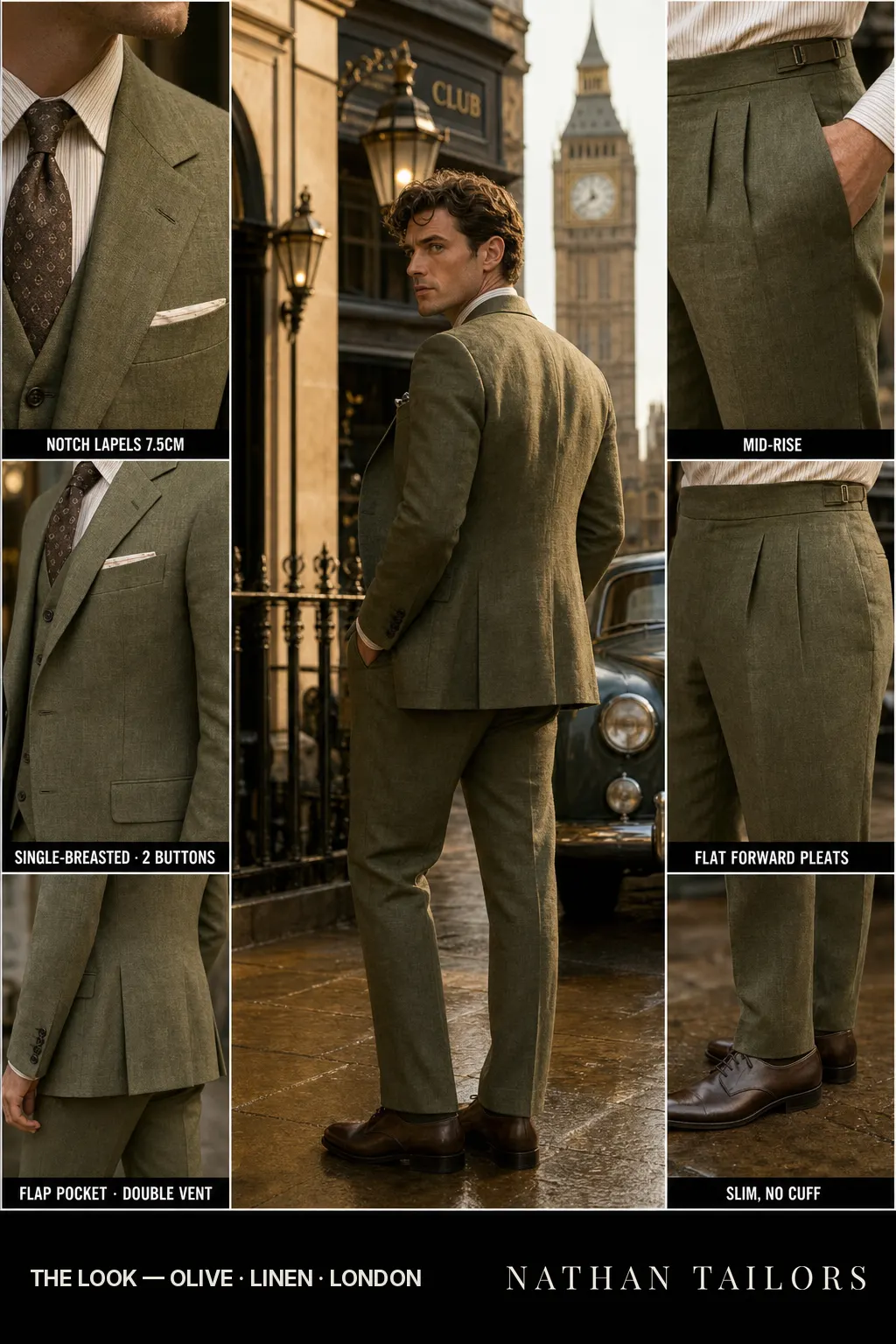 olive single-breasted notch-lapel bespoke suit — AI-rendered by Nathan Tailors, the Hoi An custom tailor. Available as a custom tailored suit from $149.