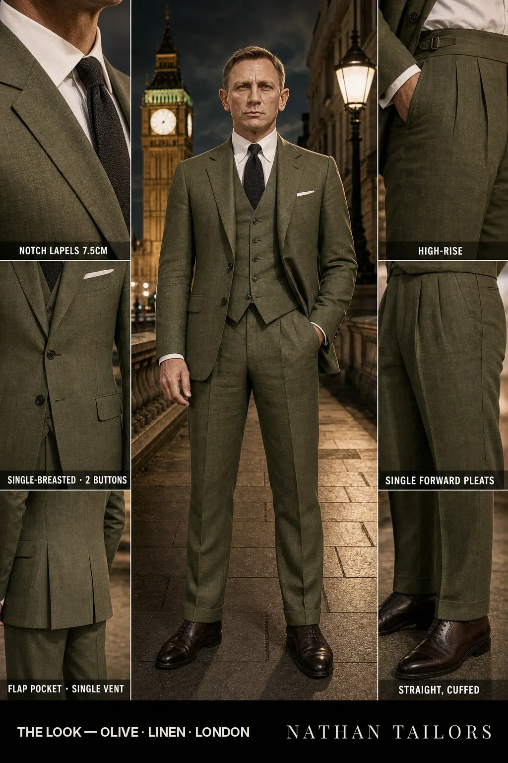 olive single-breasted notch-lapel bespoke suit โ AI-rendered by Nathan Tailors, the Hoi An custom tailor. Available as a custom tailored suit from $149.