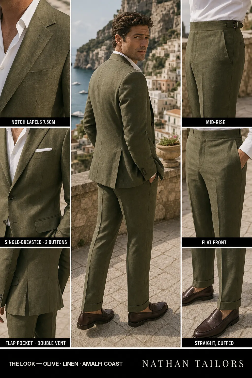 olive single-breasted notch-lapel bespoke suit — AI-rendered by Nathan Tailors, the Hoi An custom tailor. Available as a custom tailored suit from $149.