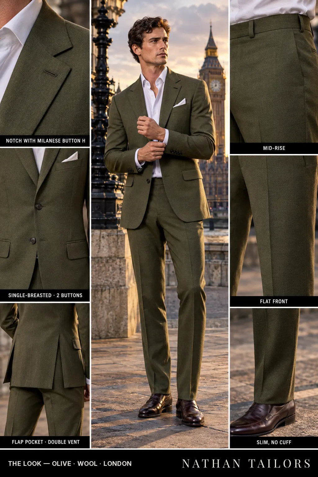 olive single-breasted bespoke suit — custom tailored by Nathan Tailors, the Hoi An custom tailor